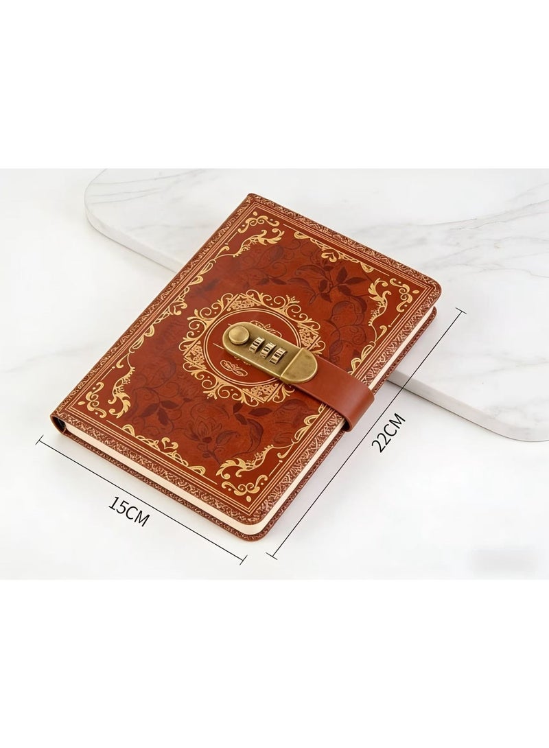 مفكرة جلدية عتيقة من مقاس A5 مزودة بقفل مكون من 3 أرقام، بتصميم كلاسيكي، مناسبة للمكتب والمدرسة، هدية، أدوات مكتبية إبداعية (بني). - Image 4